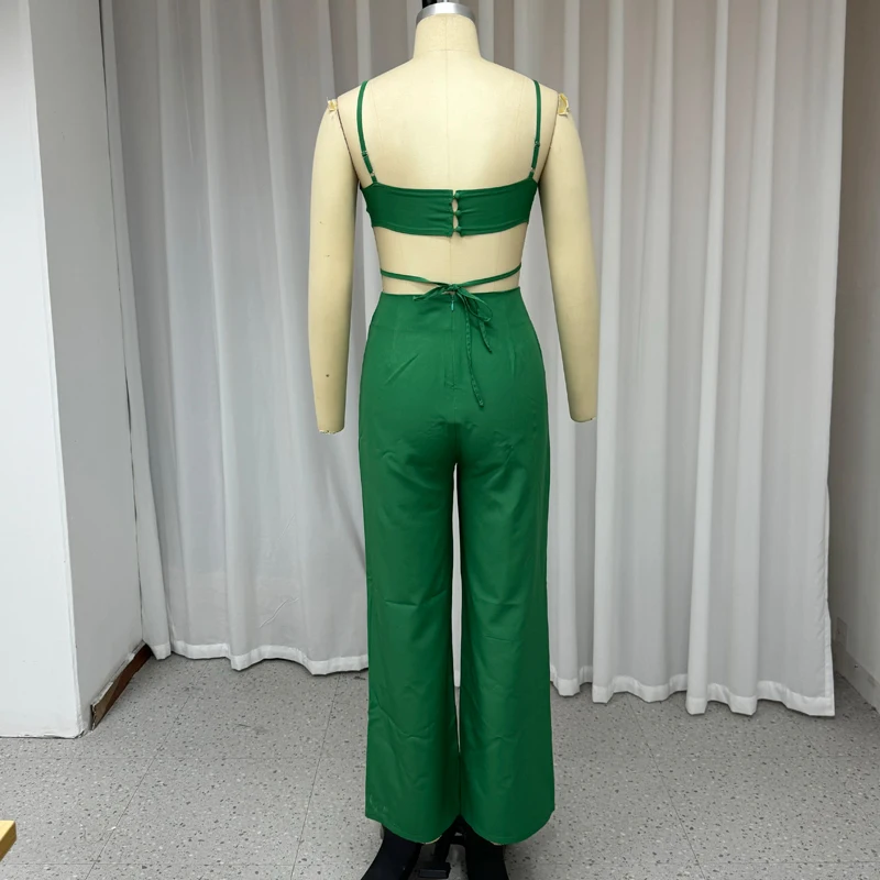 Wefads Vrouwen Jumpsuit Zomer Casual Effen V-Hals Mouwloze Jarretel Slanke Rugloze Strappy Holle Veters Broek Jumpsuit