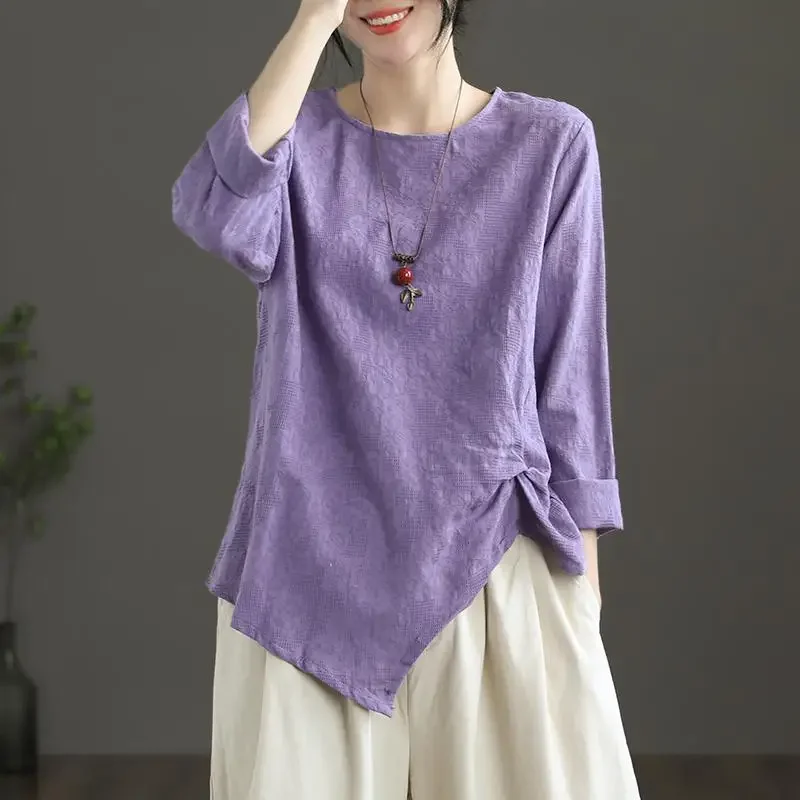 Koszulka damska na jesień, wyszczuplająca, asymetryczna bluzka, retro, bawełna i len, plisowana, z długim rękawem.