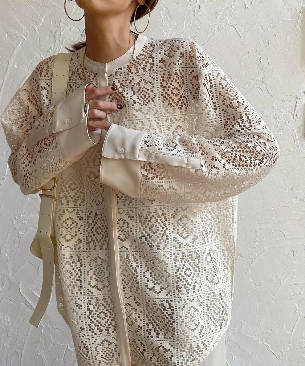 

Korean Hollow Out Hook Lace Top Cardigan Casual Shirt 2025 New Women's Button-up O-neck Other Pattern Blouse Outerwear