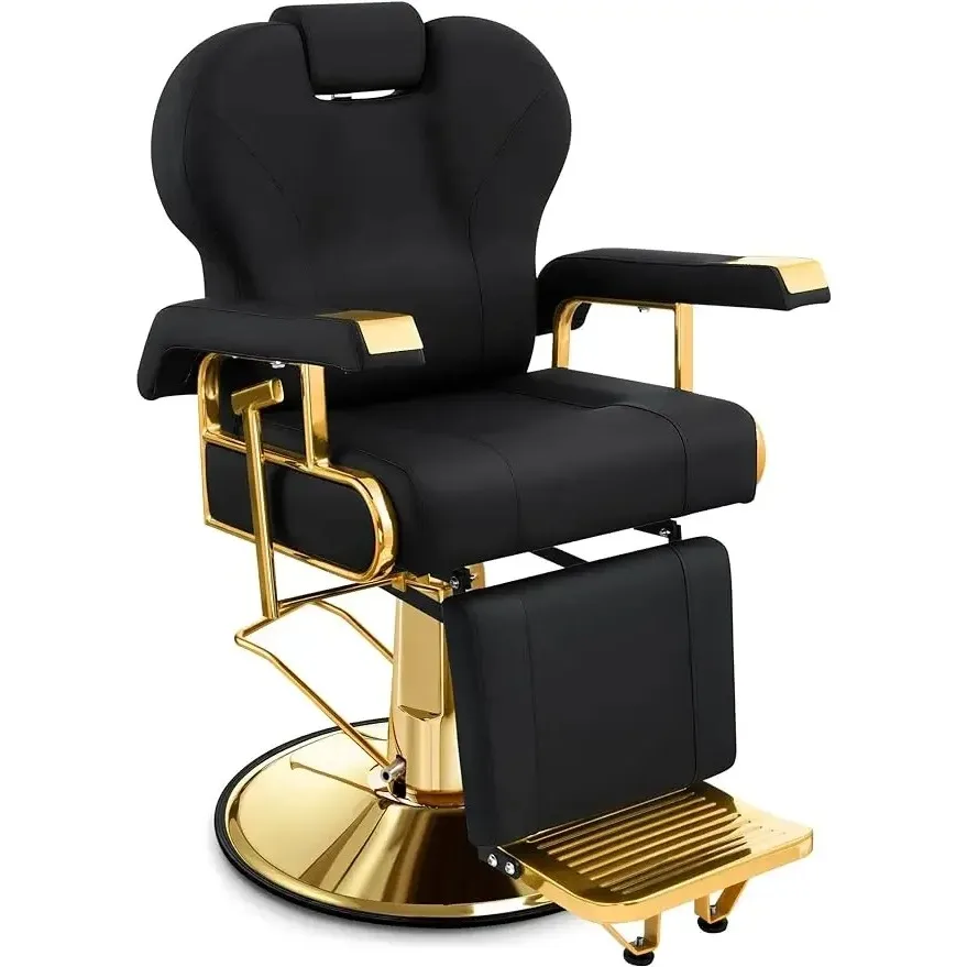 Professioneller Liegestuhl für Salon mit verstellbarer Rückenlehne, eleganter Friseurstuhl in Schwarz und Gold mit robustem Stahlrahmen