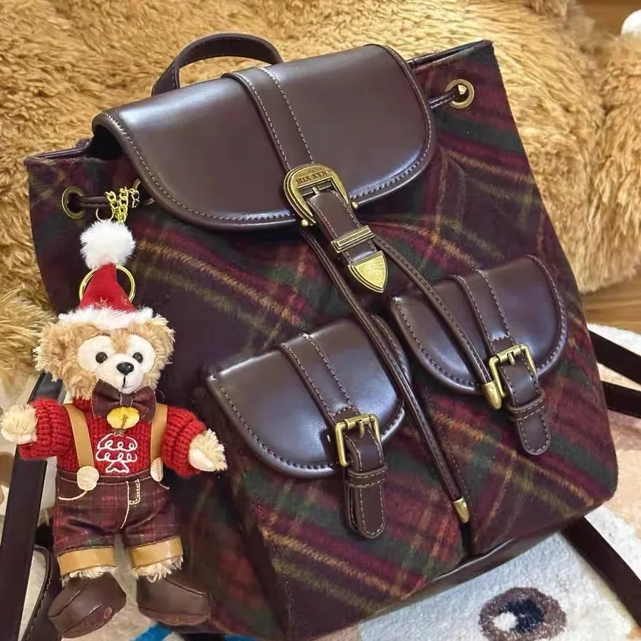 Miss Sudri English style woolen bag with high-end plaid pattern autumn/winter backpack, versatile and large capacity backpack