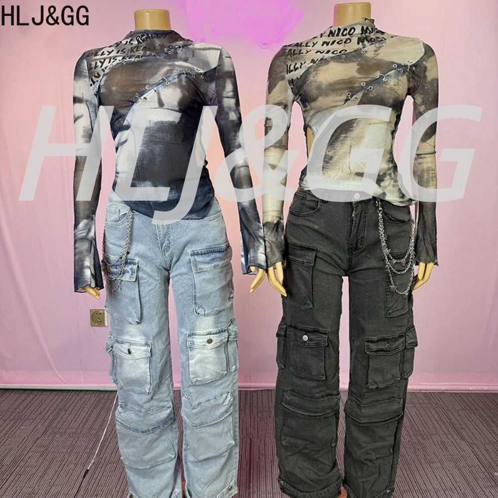 

HLJ&GG Trend Y2K Tie Dye Print Mesh Irregular Two Piece Sets Women Long Sleeve Slim Top And Pocket Denim Jeans Outfit Streetwear