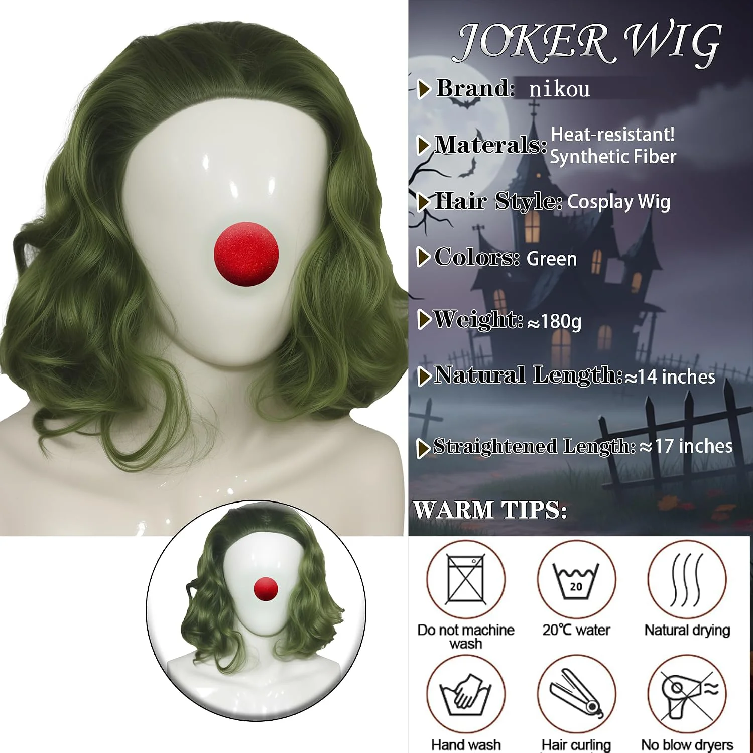 Men's Short Green Clown Wig - Complete Set Including Hair Net and Foam Red Nose, Long Curly Hair Clown Style Synthetic Hair