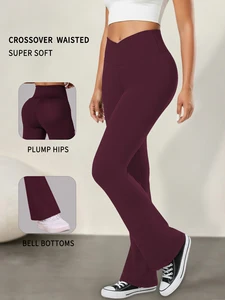 Women's Super Soft Crossover High Waisted Flare Leggings. Tummy Control Yoga Bootleg Bell Bottoms