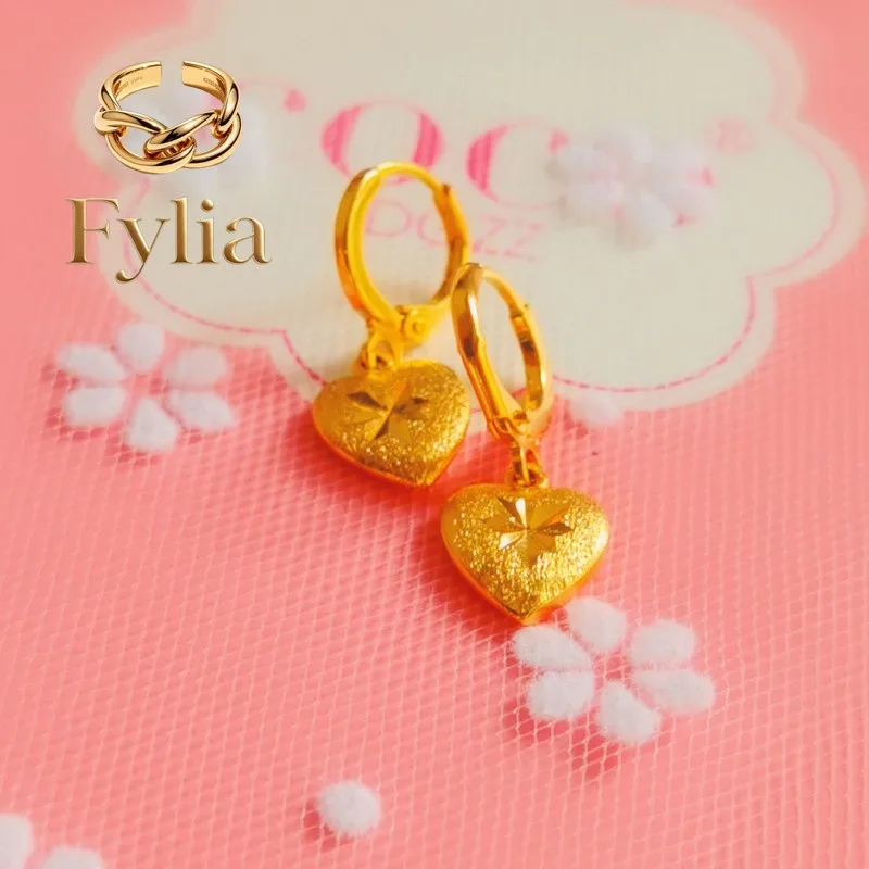 Fylia Jewelry   Luxury 24K 9999 Pure Gold real gold Women's Earrings Peach Heart Earrings