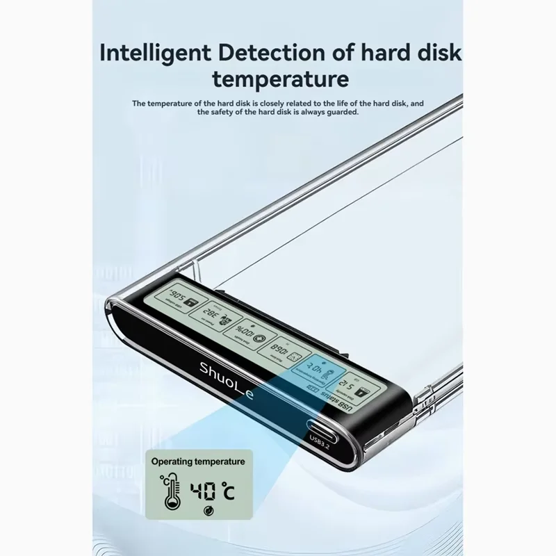 Caja HDD externa USB3.2, carcasa HDD transparente de 2,5 pulgadas con pantalla de visualización, carcasa USB a HDD SSD tipo C de 5Gbps para ordenador portátil y PC