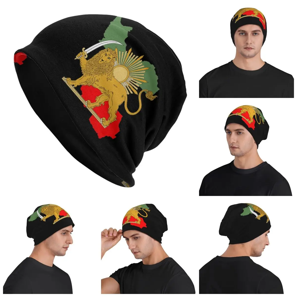 

Iran Persia Map & Flag - Shir O Khorshid - Lion And Sun Knitted Cap Hip Hop Bonnet Hat Autumn Winter Outdoor Beanies Hats Adult