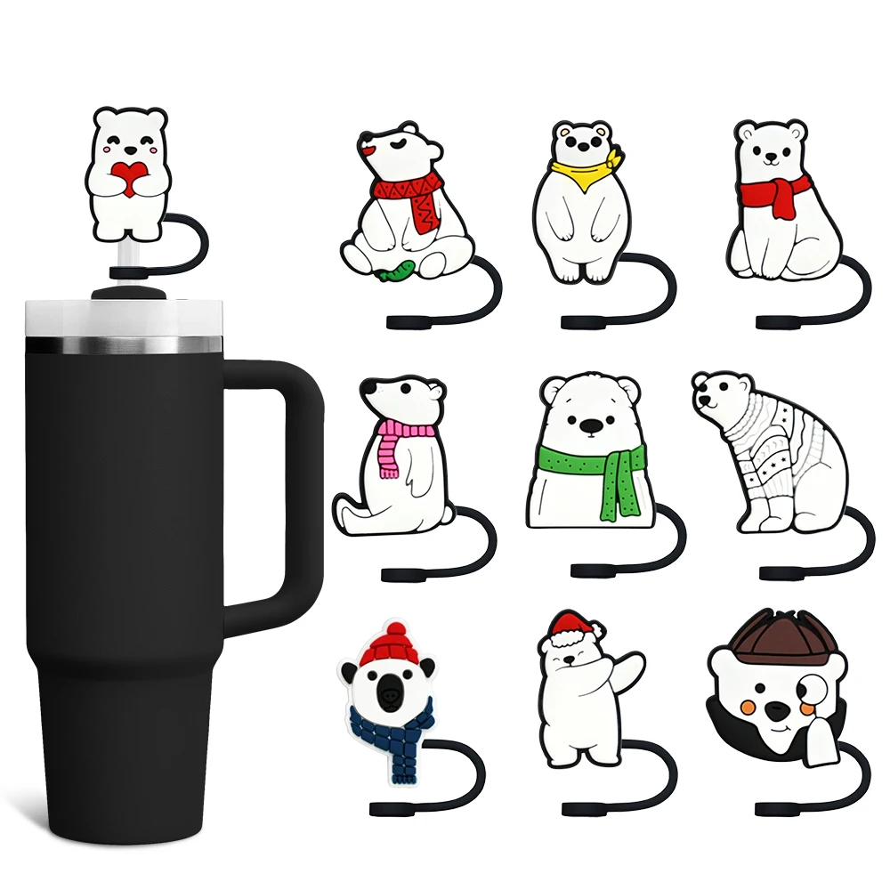 Cute Polar Bear Straw Cover Cap 10MM Eco-friendly Straw Plug Splash Proof Drinking Cup Charms Pendent Home Party Gift