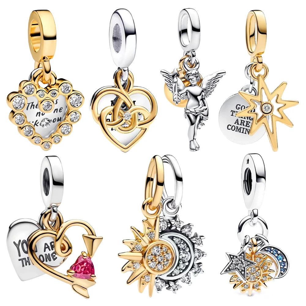Classic 925 Sterling Silver Heart Shaped&Sun Moon Combination&Angel&Octagonal Star Pendant Fit Brand Bracelet Mom's Gift Jewelry