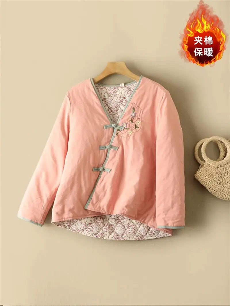 2024 Spring Autumn Chinese Style Embroidery Floral Lining Cotton Jacket V-Neck Buckle Irregular Women Short Quilted Coat Z4499