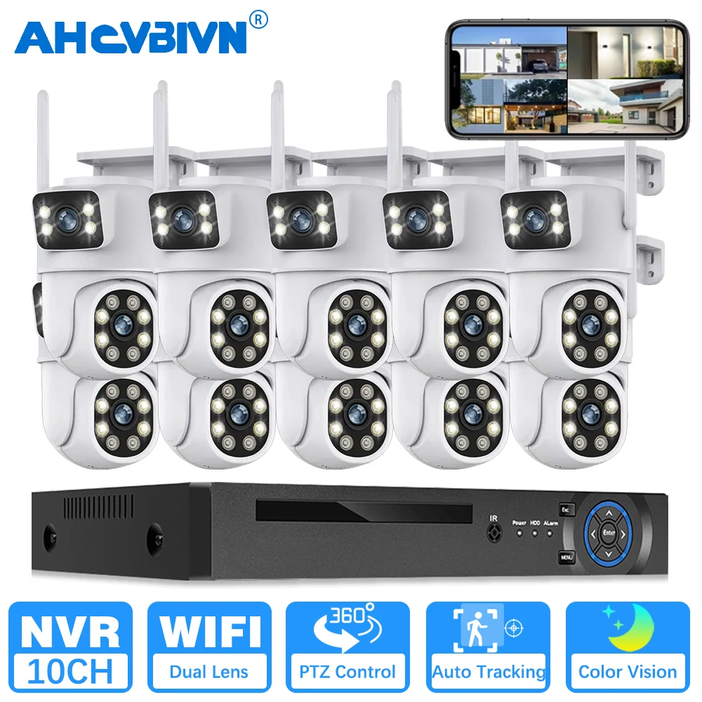 

10CH 8MP Video Dual Lens Dual Screen Security WiFi PTZ Camera System H.265+ POE NVR With 6MP Home CCTV Surveillance Cameras Kit