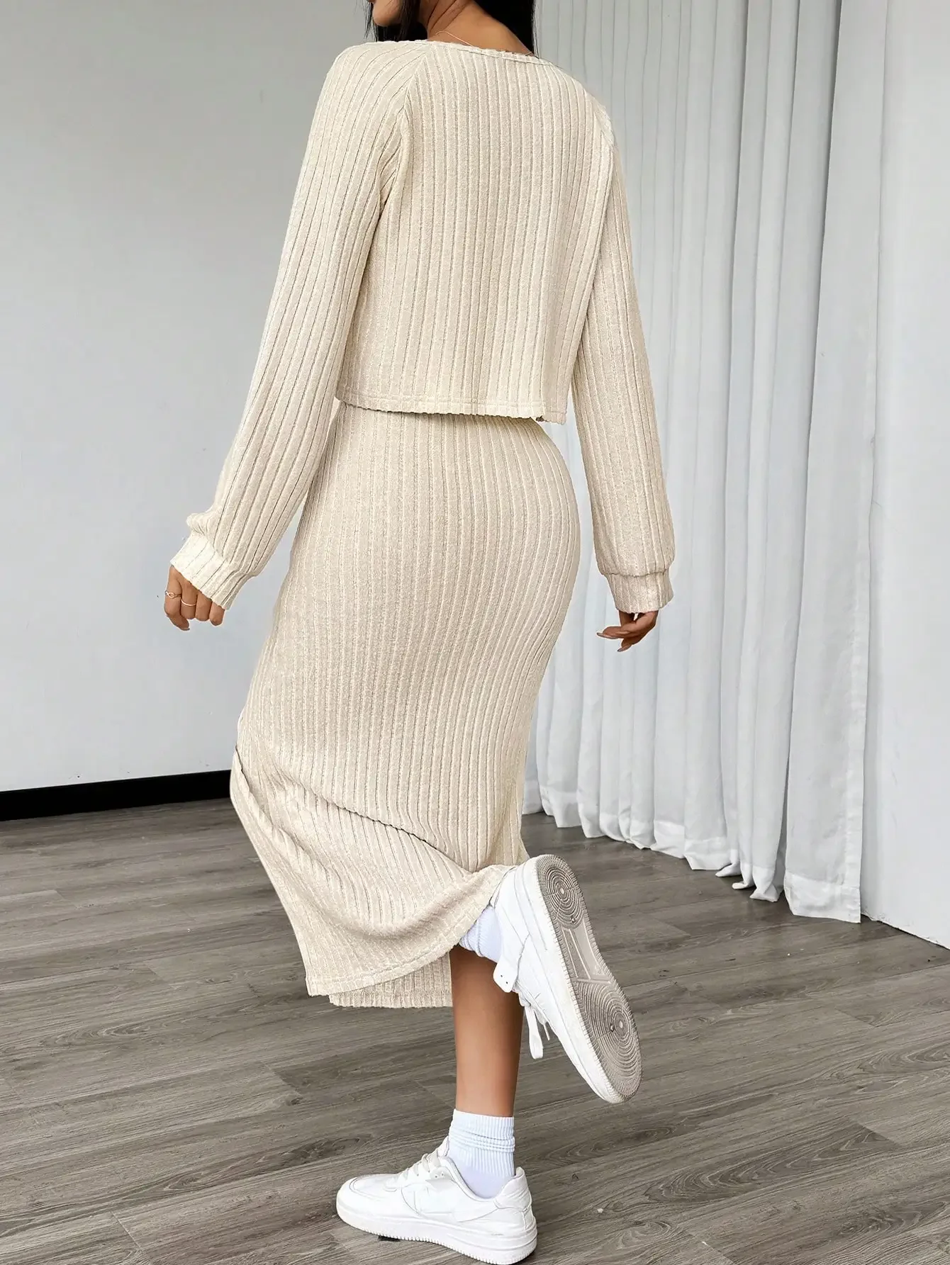 Effen bodycon-jurk met asymmetrische zoom en open jasje aan de voorkant, pure kleur open split, strakke pasvorm jurk en open jas aan de voorkant