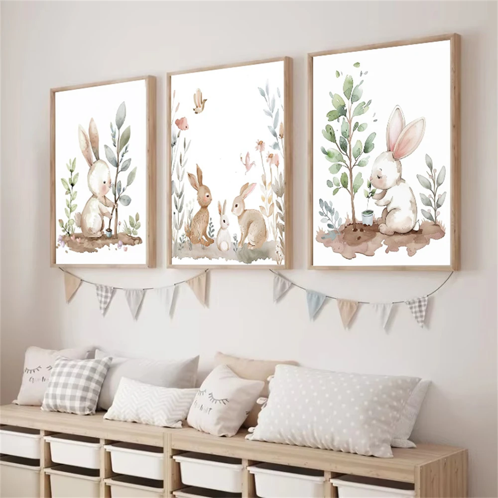 Cute Cartoon Rabbit Canvas Art Poster Plants Flower Print Pictures Animal Wall Art Painting Nordic Posters Baby Kids Room Decor