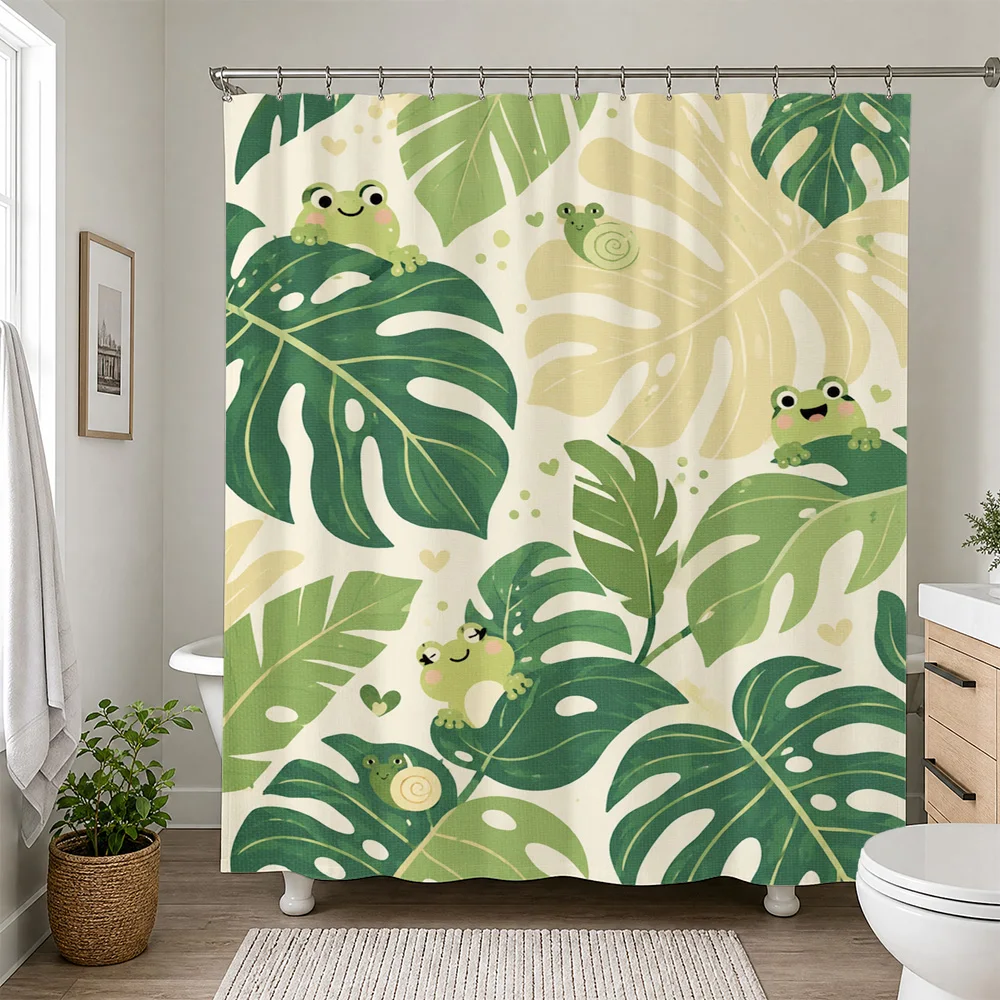 Tropical Frog Leaf Shower Curtain Bathroom Decor Jungle Green Animals Pattern Waterproof Shower Curtain Liner