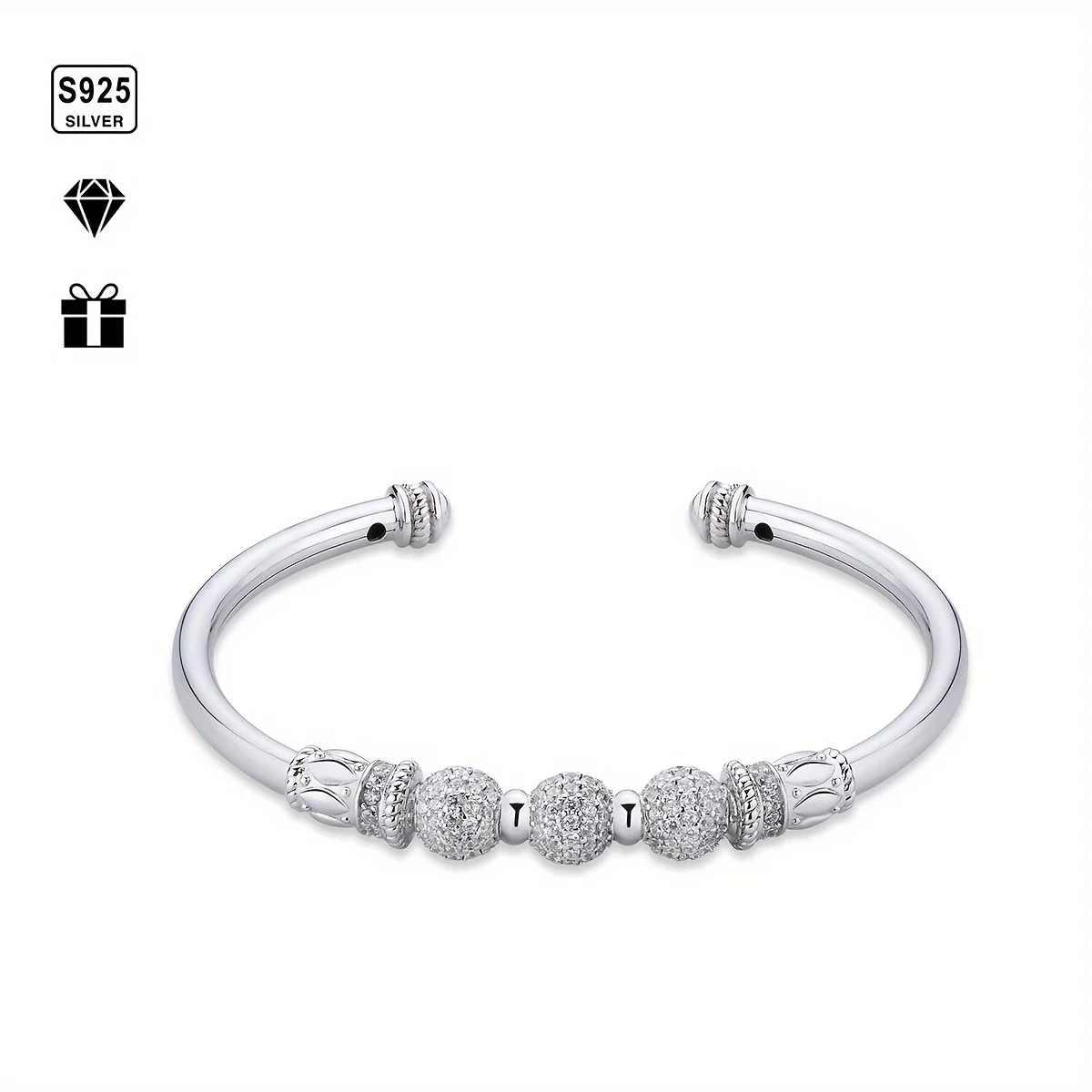 1pc S925 Silver With Moissanite Open Bangle, | Gifts For Mom | Gifts For Her | Birthday | Anniversary | Engagement | Graduation