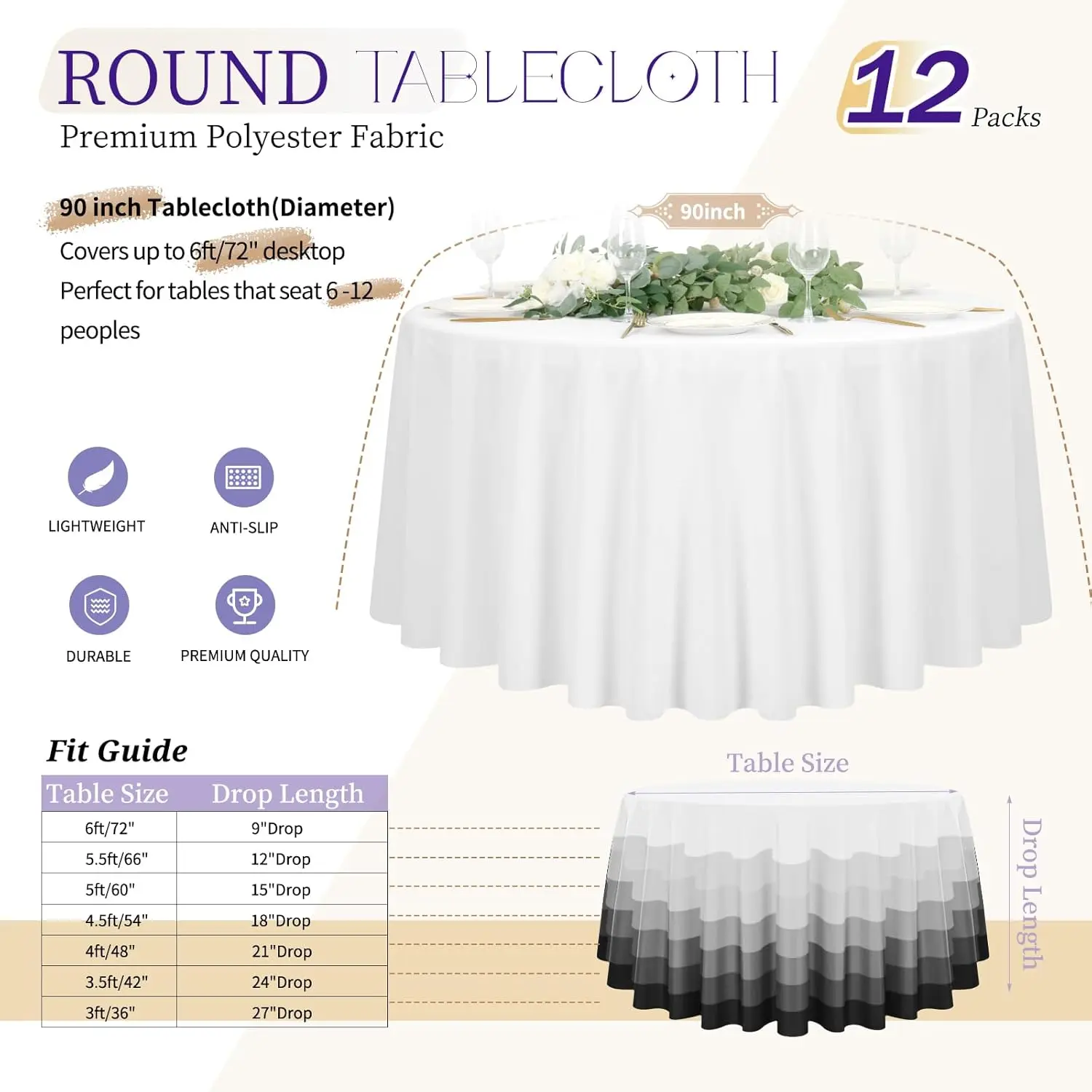 12 Pack White Round Tablecloth 90 inch Round Table Cloth Polyester,White Tablecloths for Round Tables