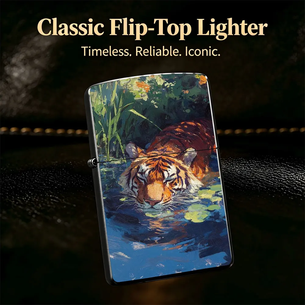 Pocket Lighter, Flip-Top Design, Metal Case, Tiger Swimming in Pond Painting with Green Plant Art, Windproof Flame, Comfortable Grip, Portable & Durable