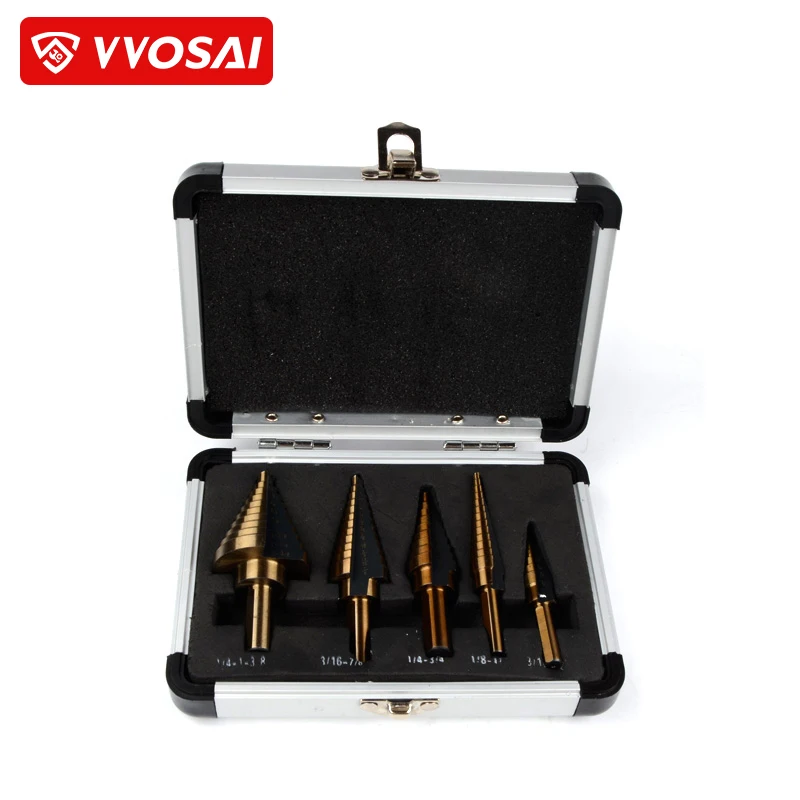 VVOSAI 5pcs/Set HSS COBALT MULTIPLE HOLE 50 Sizes STEP DRILL BIT SET w/ Aluminum Case