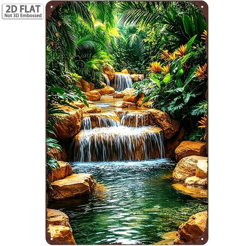 Tropical Rainforest Multi Step Waterfall Clear Pool Jungle Landscape Metal Sign