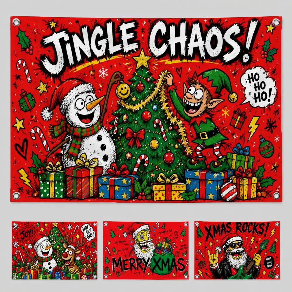 Cartoon Rock Santa Claus Flags Yard Garden Decor Banner Indoor Outdoor Wall Hanging Flag Home Patio Wall Art Decoration