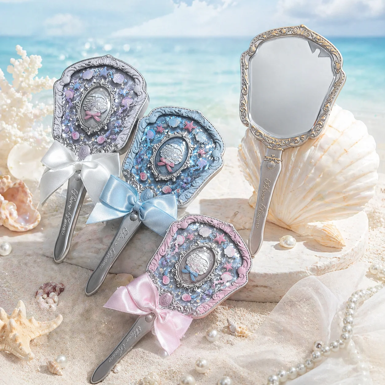 Flower Knows Shell Jewel Hand Mirror Ocean Style Makeup Mirror Portable Compact Beauty Mirror Aesthetic Princess Vanity Mirror