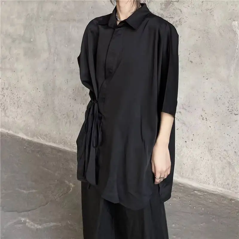 تي شيرت نسائي بأكمام قصيرة قميص الربيع والصيف شخصية يميل الجبهة حزام تصميم موضة عادية فضفاض قميص كبير الحجم #3