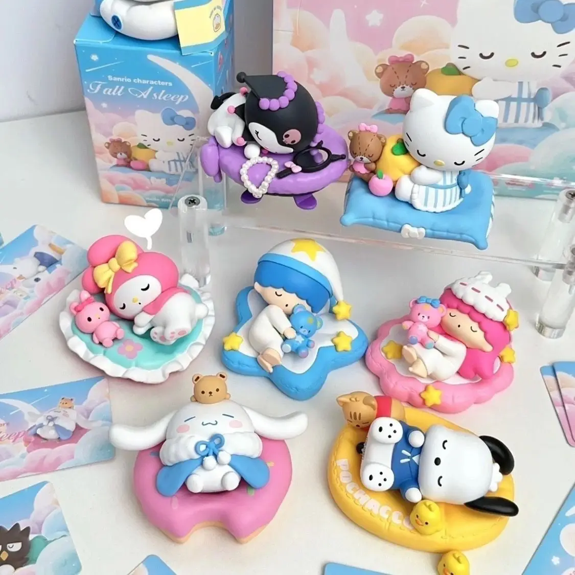 

H HOT Kawai Sanrio cartoon My Melody Kuromi Hello Kitty Cinnamoroll sleeping series figures Cute desktop ornaments Holiday gifts