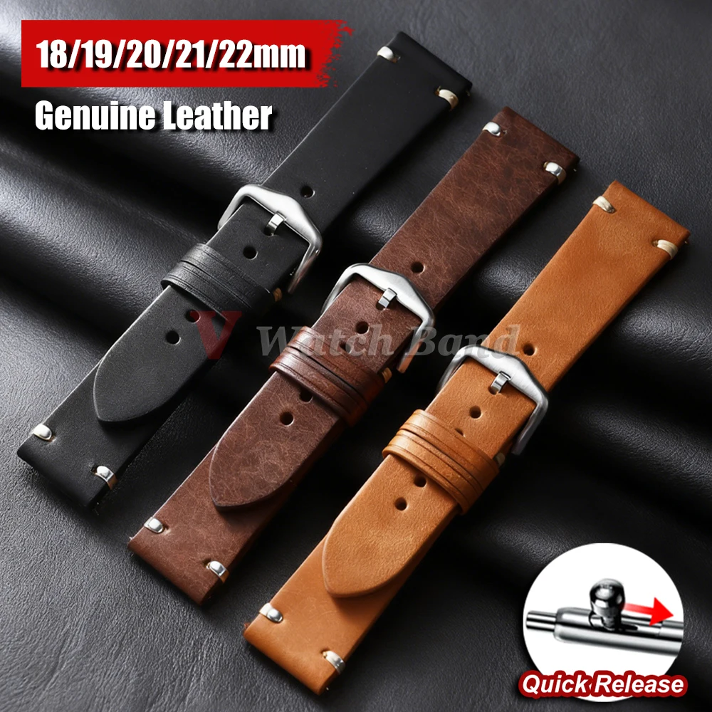 Correa de Reloj de Cuero Genuino Vintage Retro de 19mm 21mm 18mm 20mm 22mm con Liberación Rápida para Hombre y Mujer, Accesorios para Relojes