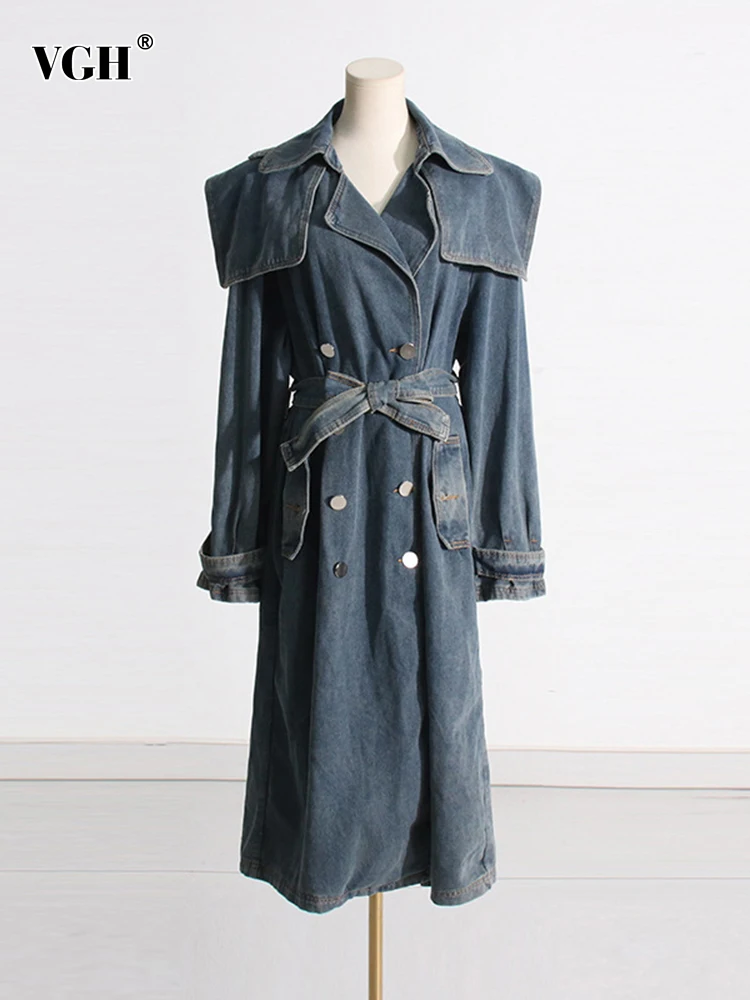 

VGH Patchwork Belt Casual Denim Windbreakers For Women Lapel Long Sleeve Spliced Double Breasted Temperament Trench Female New