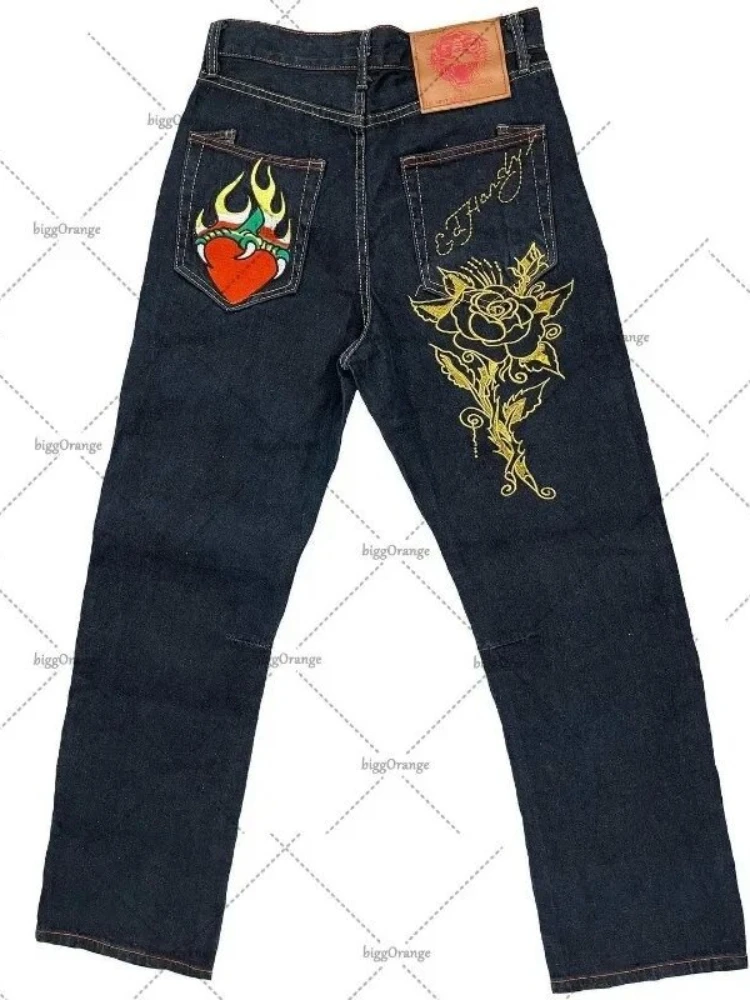 Jeans da uomo streetwear Y2K pantaloni in denim vintage a gamba dritta teschio rosa design con stampa fiamma vestibilità ampia moda retrò punk hip hop