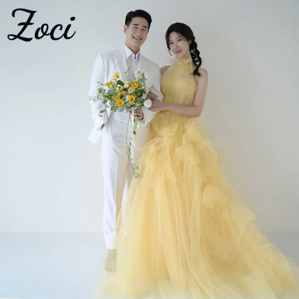 

Zoci Elegant Halter Yellow Korea Wedding Party Dresses Fairy Tulle Photo Shoot Dress Customized Ruffles Tiered Formal Party Gown