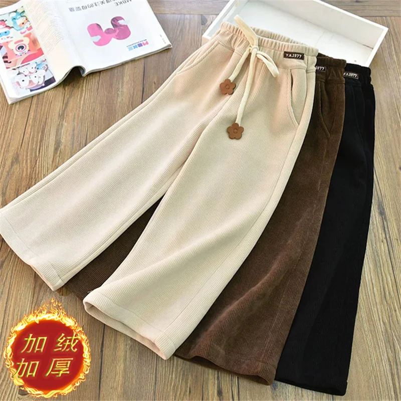 

Теплые зимние брюки для девочек, плюшевые вельветовые штаны, свободные широкие брюки, осенние повседневные прямые брюки для подростков