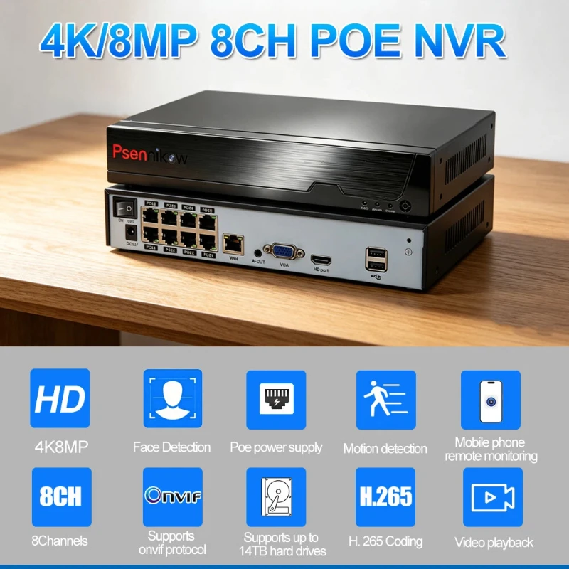 

Psennikow Tuya NVR H.265 8CH Smart PoE 8MP Security IP Camera Video Surveillance CCTV System Remote Viewing Network Recorder