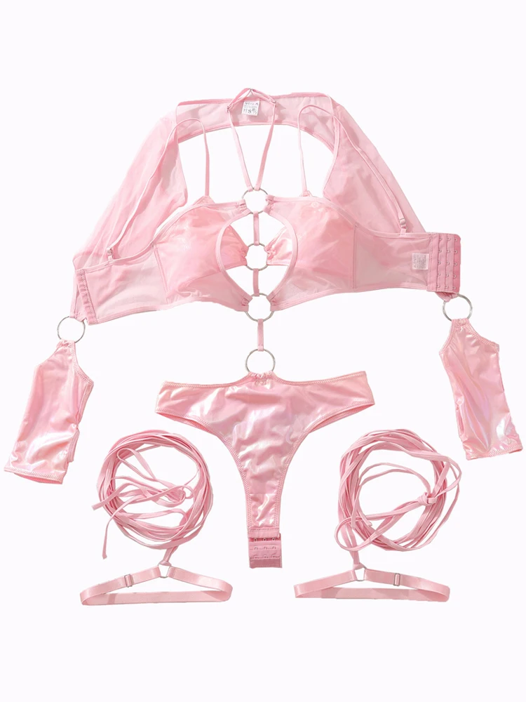 

Summer Pink Sexy Tight Solid Color Dress Women's Hollow Mini Skirt Nightclub Party jumpsuit 3-piece Set