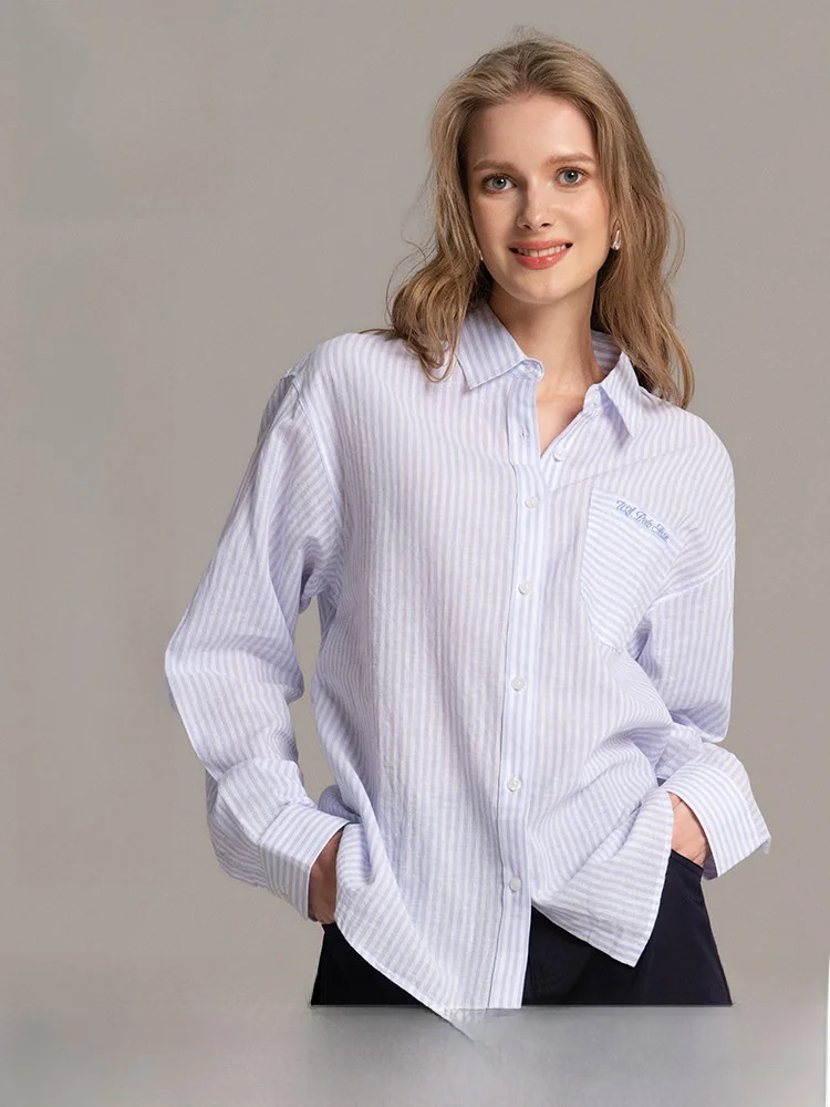 Camisa de Manga Larga a Rayas de Mezcla de Algodón y Lino para Mujer USPA, Logotipo Bordado, Diseño Simple, Estilo Ejecutivo para el Trabajo, Primavera 2026