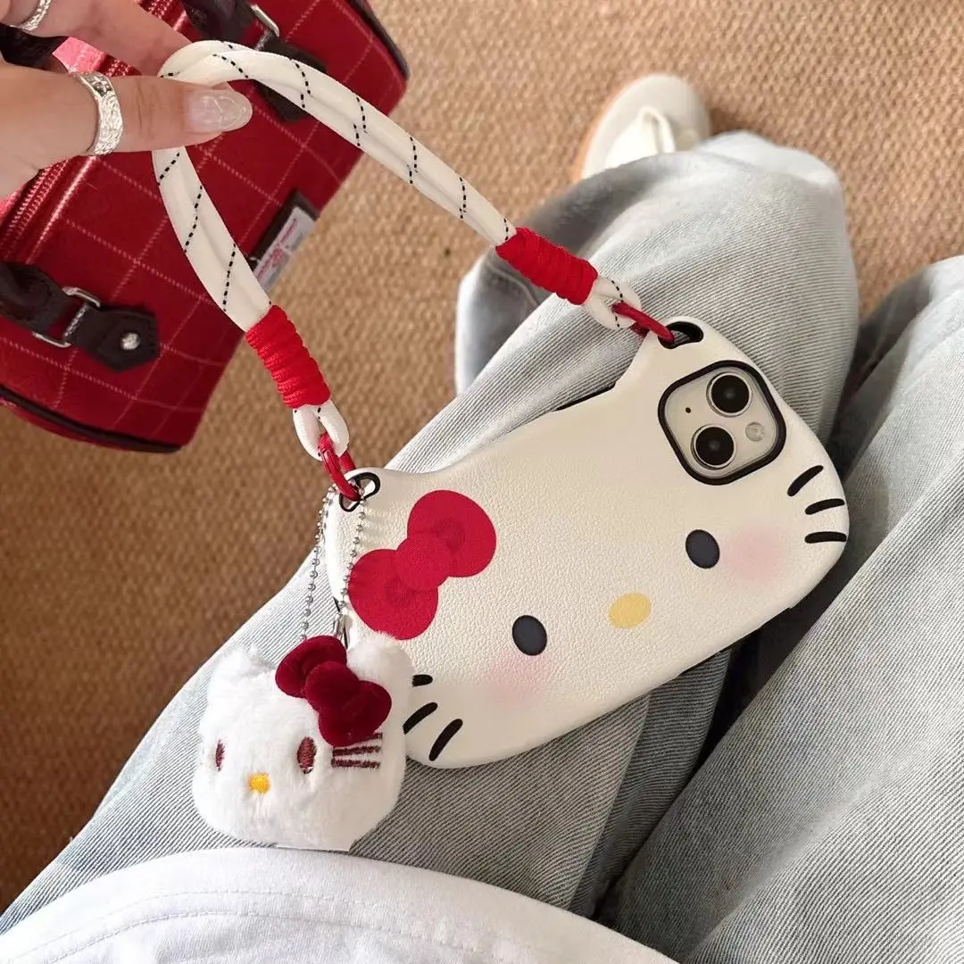 الكرتون الجلد الملمس أحمر الخدود مرحبا كيتي شريط للرسغ جراب هاتف آيفون 16 برو ماكس 15 برو 14 13 التغطية الكاملة الهاتف واقية #2