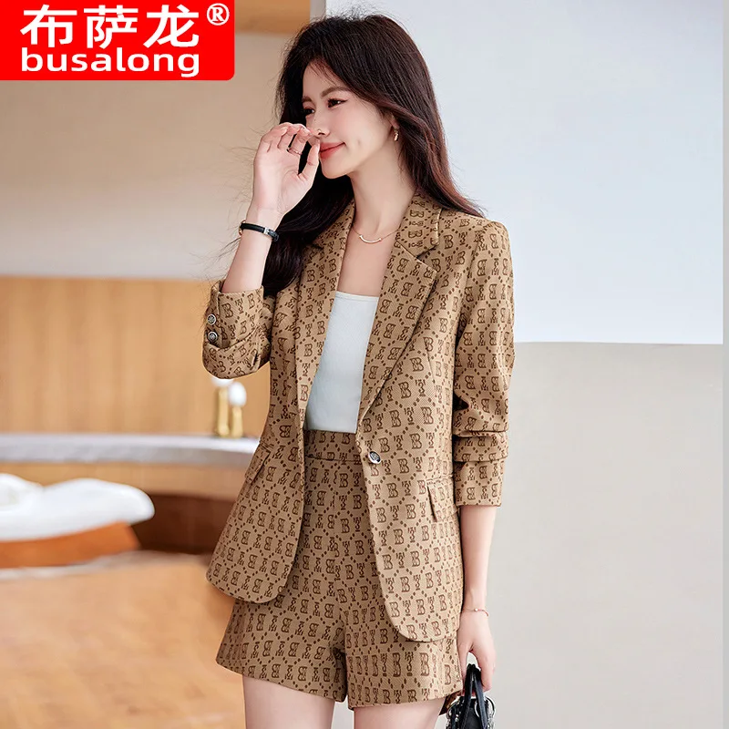 Plaid Business Suit Women's Formal Wear Temperament Long Sleeve Coat Shorts Printed Two-Piece Suit2024Spring and Autumn New