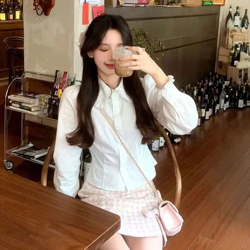 بلوزات نسائية بيضاء حلوة على الطراز الكوري الياباني قميص أوائل الخريف للسيدات ثقافة فرعية Y2k بلوزات جديدة لوليتا حلوة