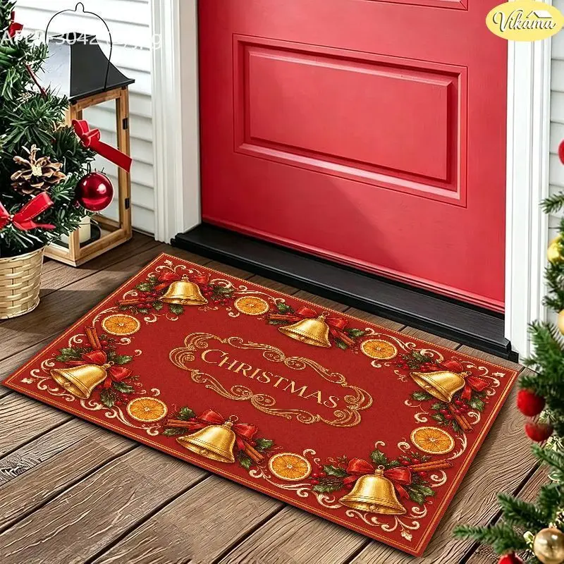 VIKAMA Red Gold Bell Orange Slice Doormat Non Slip Welcome Floor Mat Front Porch Entryway Outdoor Indoor Xmas Winter Decor