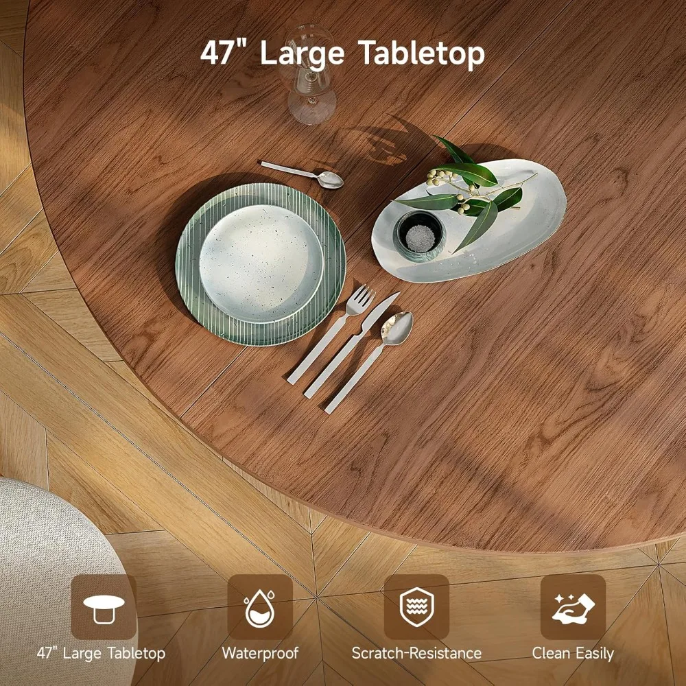 4人用の丸いダイニングテーブル、木製のストリップベースの円形キッチンテーブル、キッチン、リビング用のモダンなファームハウス風ディナーテーブル