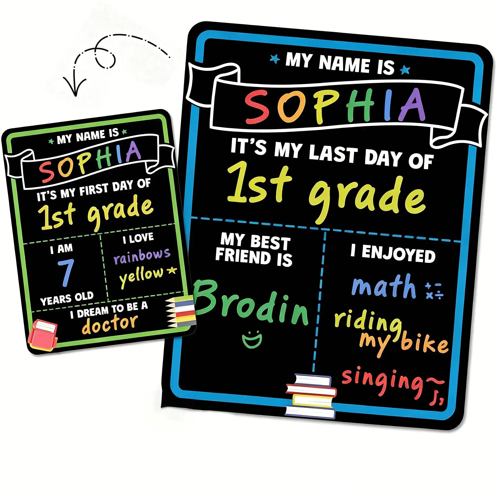 Back to School Sign, 14"x11" Double-Sided Reusable Erasable Chalkboard Sign, First Day & Last Day of School Growth Record Board with 6 Colored Markers