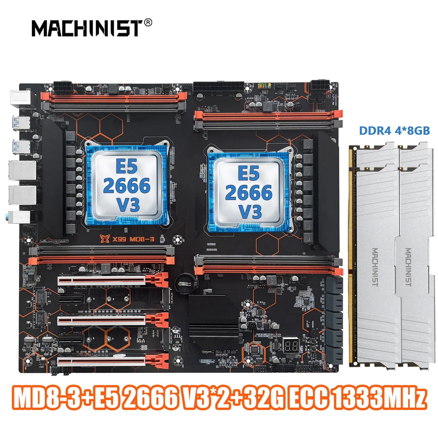 MACHINIST X99 MD8-3 Motherboard Set kit LGA 2011-3 Dual CPU Xeon E5 2666 V3 Processor DDR3 4*8gb 1333mhz Memory E-ATX NVME M.2