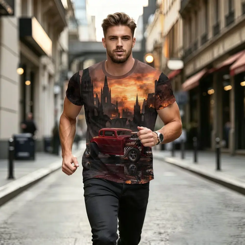 Mens Graphic Print T Shirt Vintage Castle And Retro Car Summer Casual Breathable Quick Dry Round Neck Short Sleeve Top