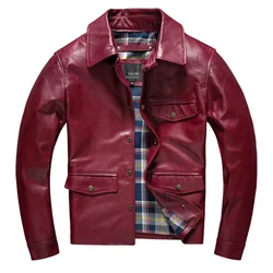 2025 New Spring Casual Genuine Leather Jacket Men Natural Sheepskin Motorcycle Leather Jackets Red Oil Wax Slim Fashion Clothing