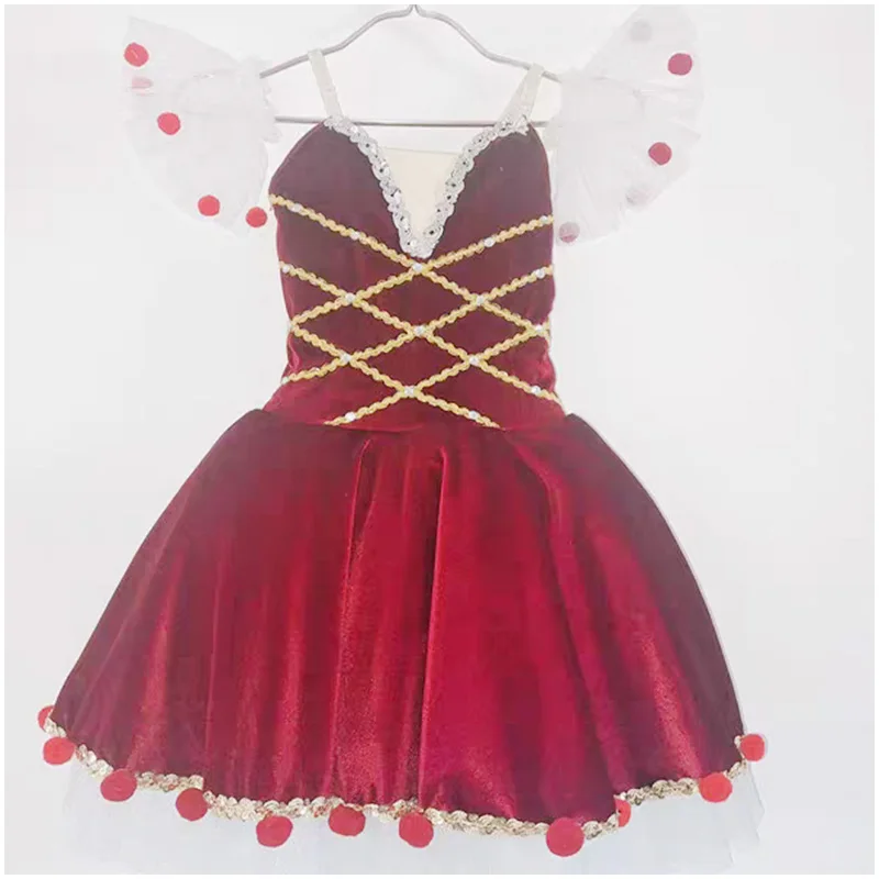 Saia de balé para meninas, roupa de performance cereja, saia inchada, vinho, veludo vermelho, saia de princesa, vestido de aniversário infantil