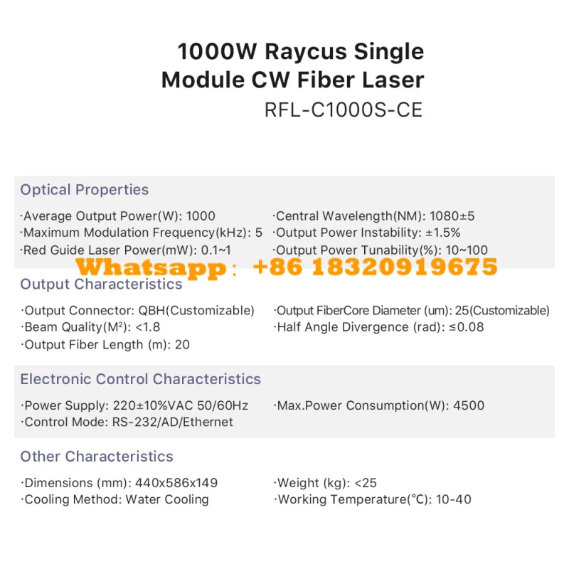 Ultrarayc Original Raycus 1064nm Fiber Laser Source RFL-C1000 Single Module 1-2KW CW Fiber Lasers for Cutting Welding Machine