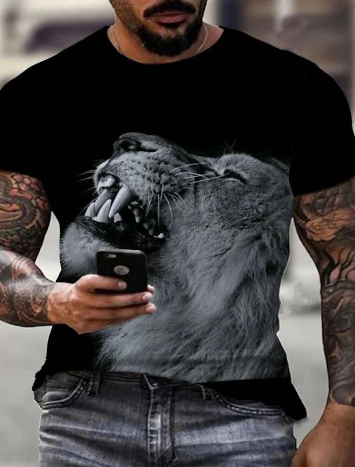 2023 New Men\'s Gender-Neutral T-Shirt 3D Printed Lion Round Neck Casual Short Sleeve Top Street Wea Men\'st-Shirtoversizedt-Shirt