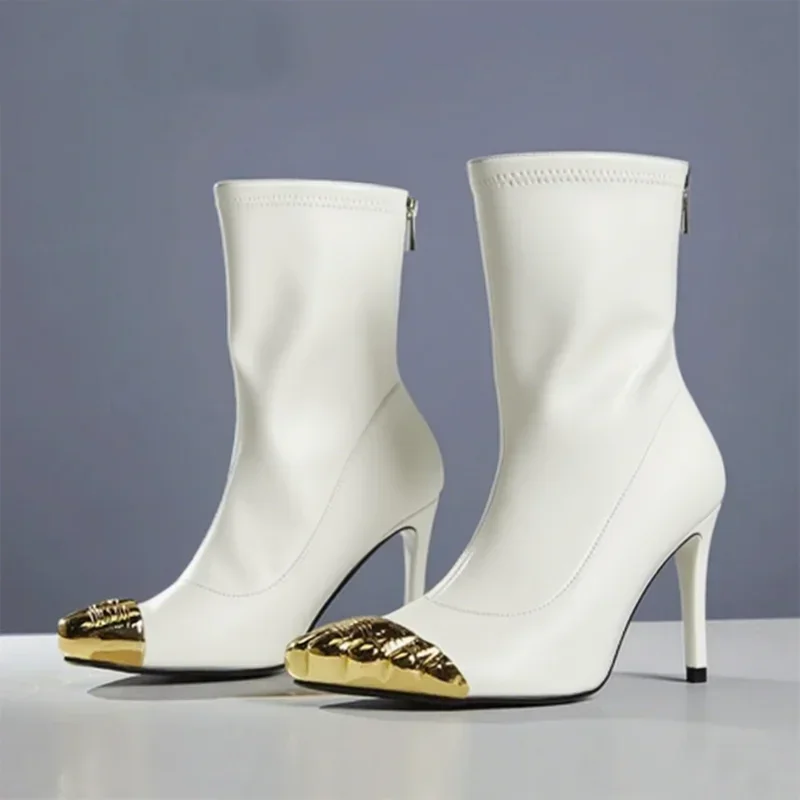 

Gold Five Toe Matte Leather Ankle Boots Sexy Pointed Toe Thin Heel Matte Leather Zipper New Arrivals Fashion Women Modern Boots