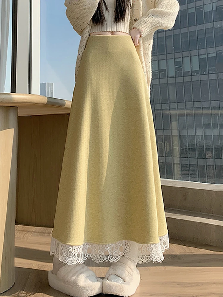 

Женская осенне-зимняя новая длинная юбка А-силуэта с высокой талией, утепленная флисом, вязаная, кружевная, с драпировкой и вставками в стиле пэчворк