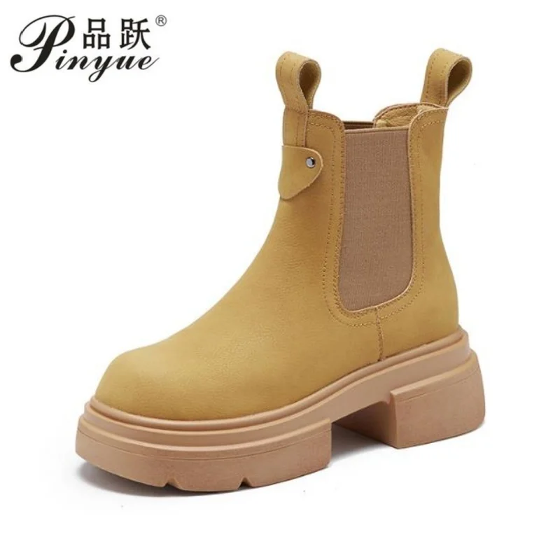 Women's Chelsea Boots Genuine Leather Autumn Winter Trend Thick-soled Women Ankle Boots All-match Short Boots Ladies 32-39